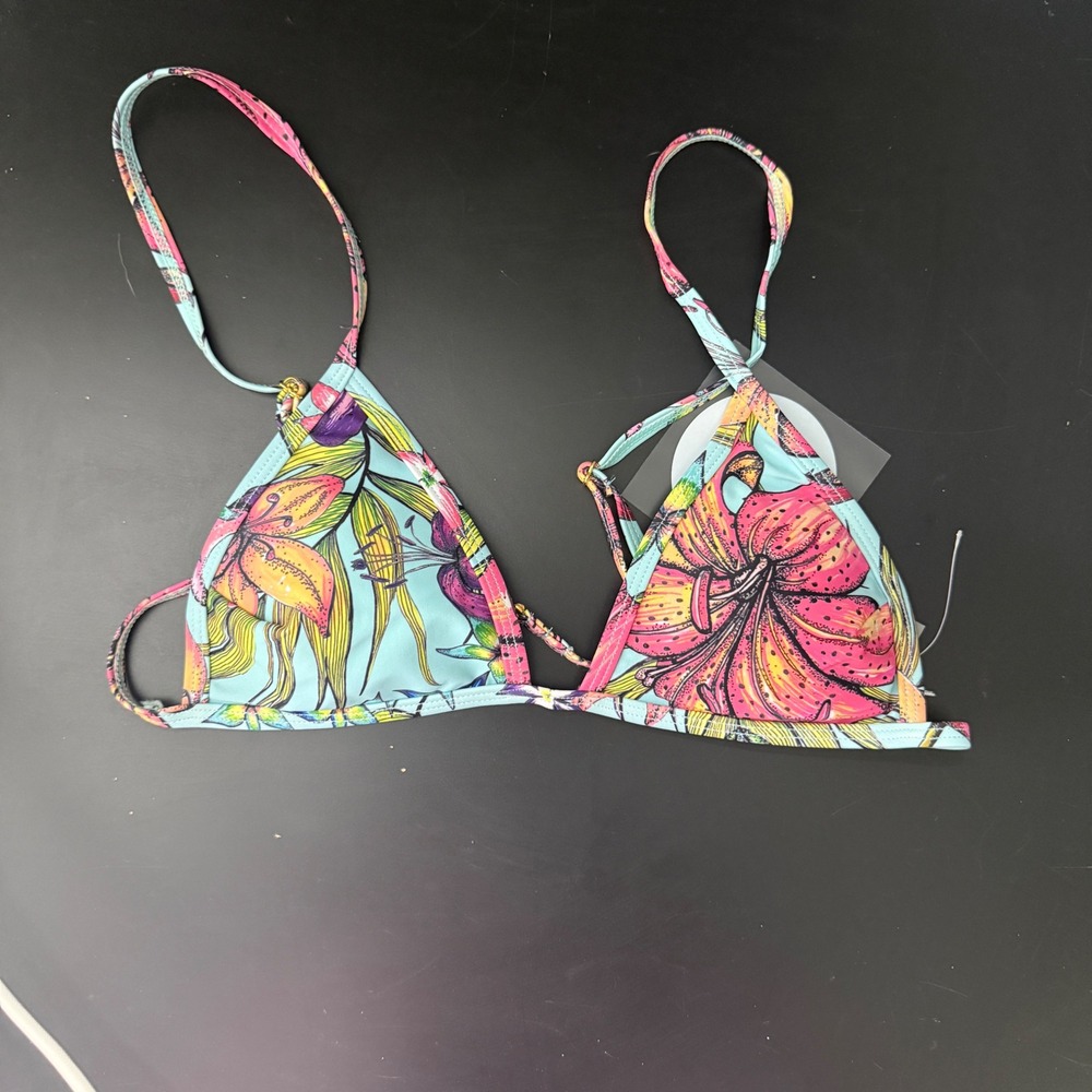 Perfect Vacation Tropical Floral Triangle Bikini Top Blue Pink XS NWT
